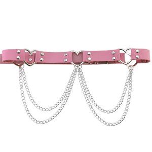 5721 Pink Pu Simulated Leather Rivets Love Heart Ring 2-layer Chain Adjustable